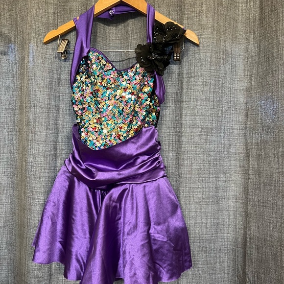 Multi-colored sequin bodice with black straps and snaps around neck. - Picture 1 of 7